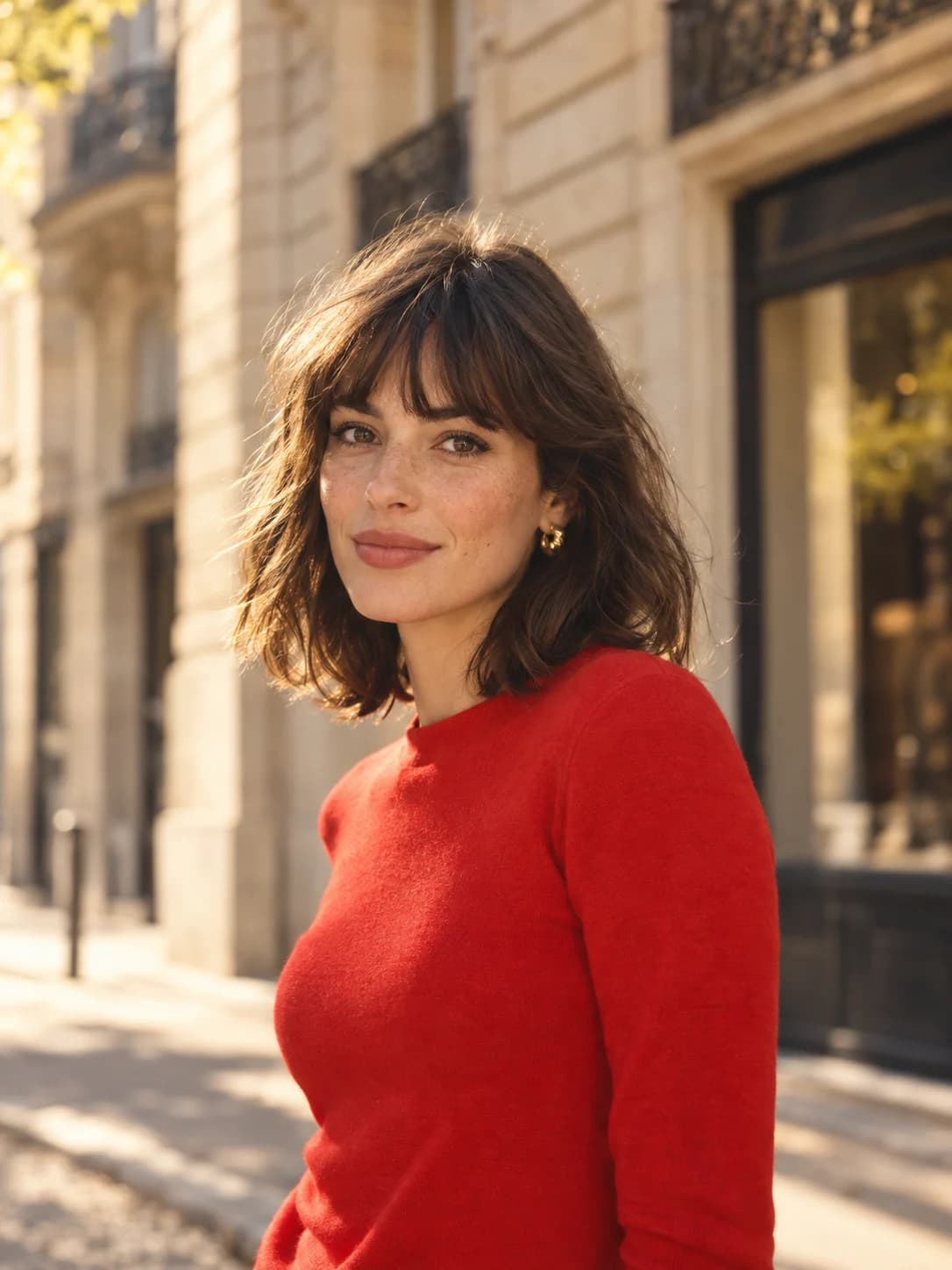 Portrait créé avec l’IA d’une Parisienne à la frange brune, en maille rouge dans la lumière du soir