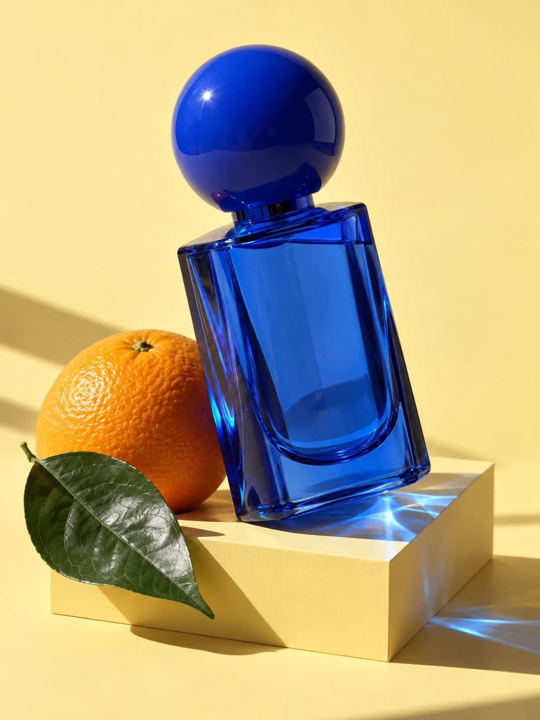 Photo produit créée avec l’IA, flacon bleu sur fond jaune